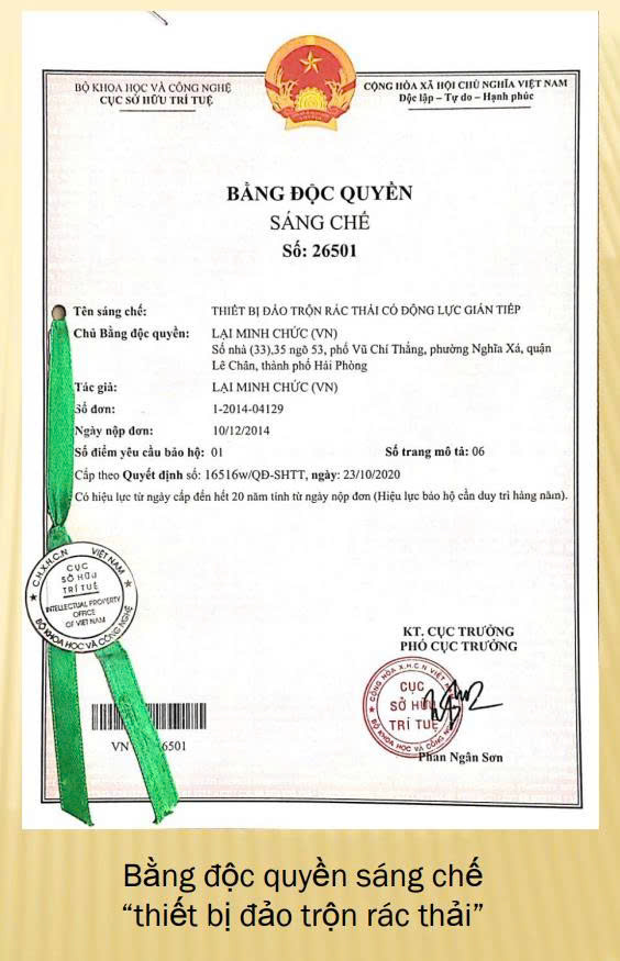 Bằng độc quyền sáng chế thiết bị đảo trộn rác thải