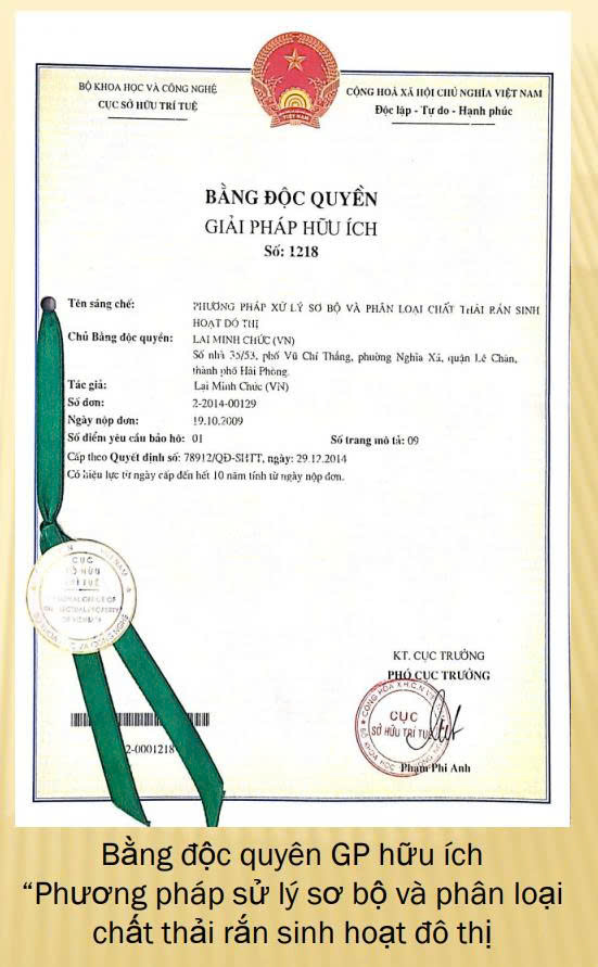 Bằng độc quyền giải pháp hữu ích phương pháp xử lý sơ bộ và phân loại chất thải rắn sinh hoạt đô thị