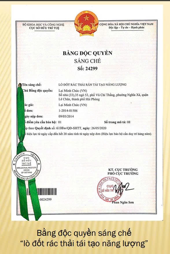 Bằng độc quyền sáng chế lò đốt rác thải tái tạo năng lượng