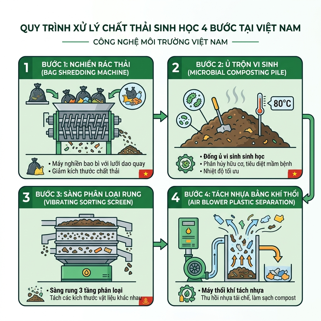 Sơ đồ quy trình 4 bước xử lý rác thải bằng men vi sinh